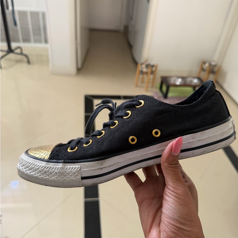 Converse All Stars Black Gold White Women's so 8 Sneakers w/ gold snakeskin toe - Picture 11 of 12
